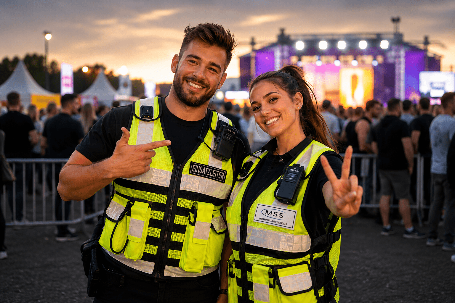 Zwei lächelnde MSS-Securities in Warnwesten auf einem Event vor Bühne und Crowd bei Sonnenuntergang