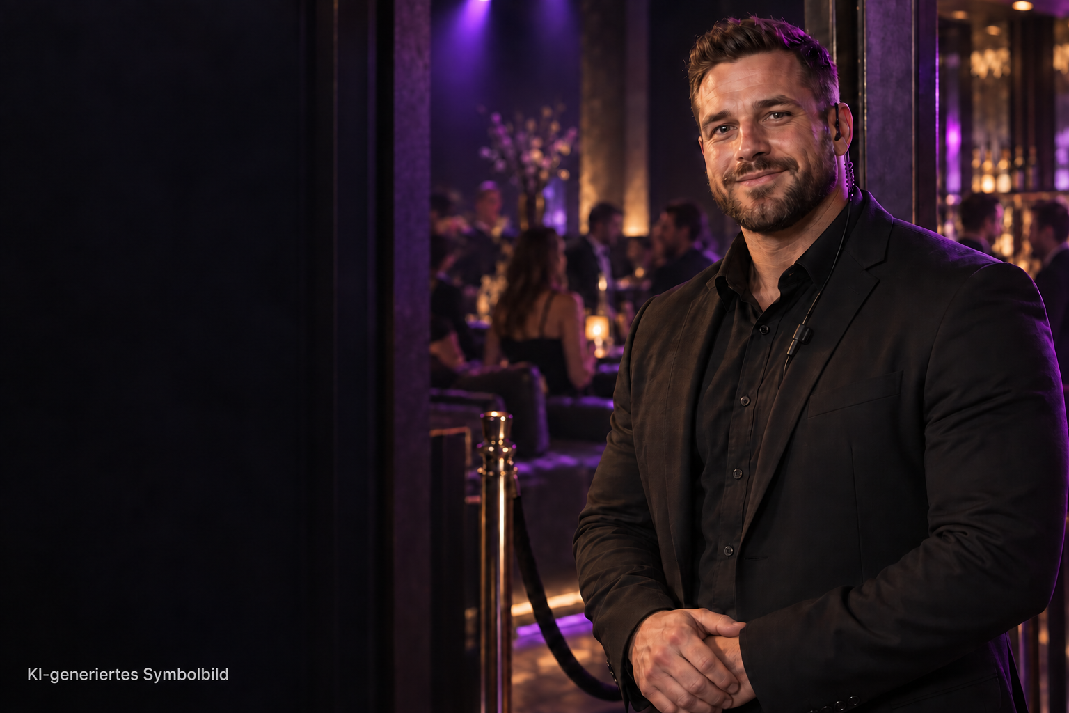 Club Security vor einer violett beleuchteten Nachtclubkulisse – KI-generiertes Symbolbild